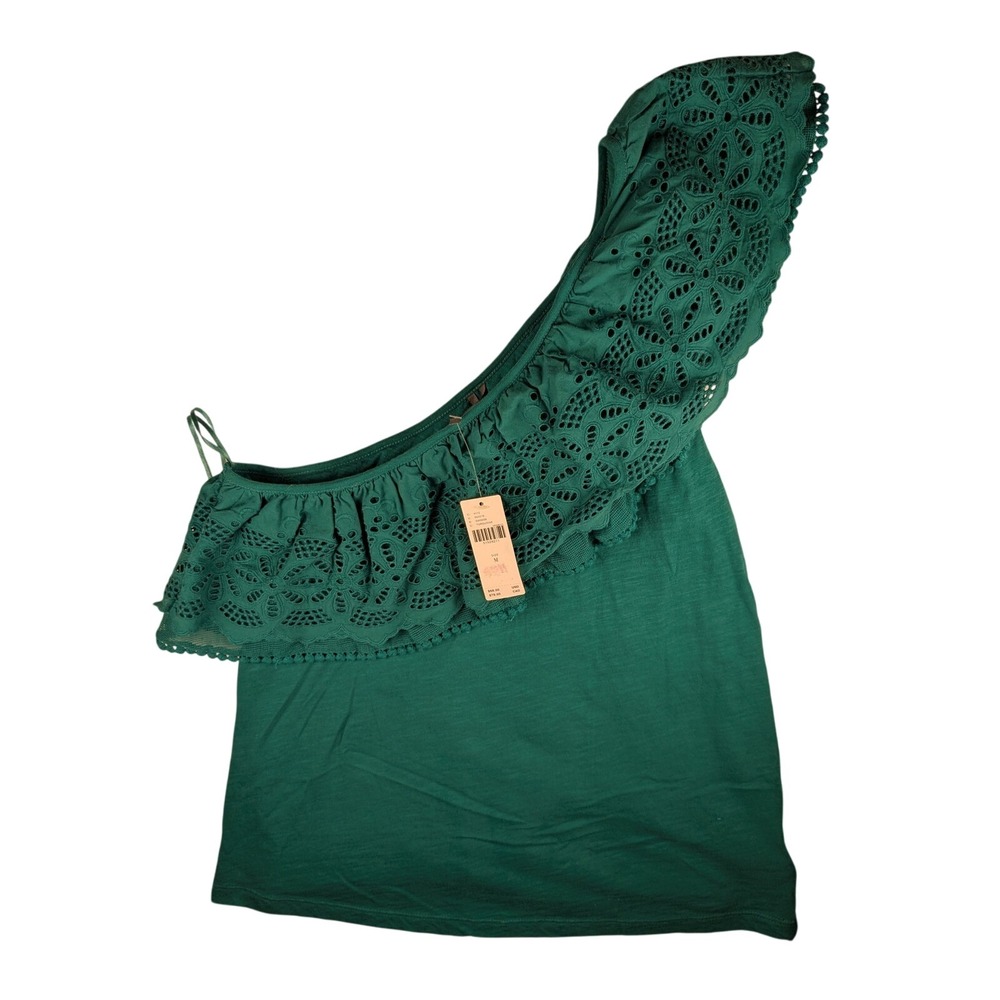 NWT‎ $68 Anthropologie Turquoise Green One Shoulder Eyelet Ruffle Top - Size M